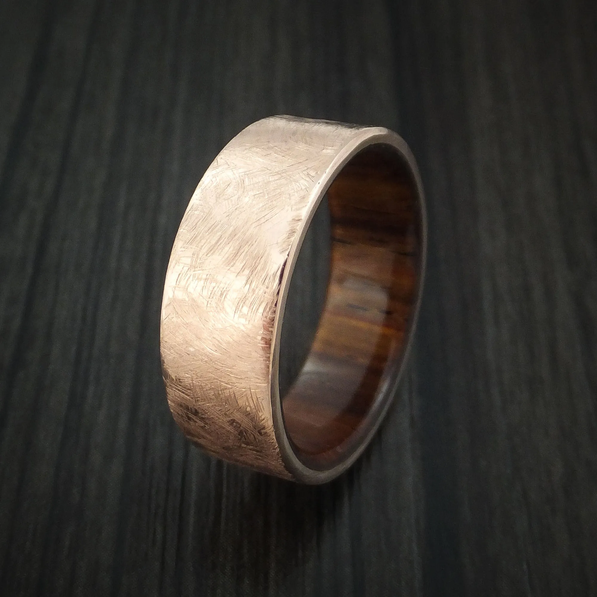 14K Rose Gold Men's Band with Distressed Finish and Koa Wood Sleeve Custom Made