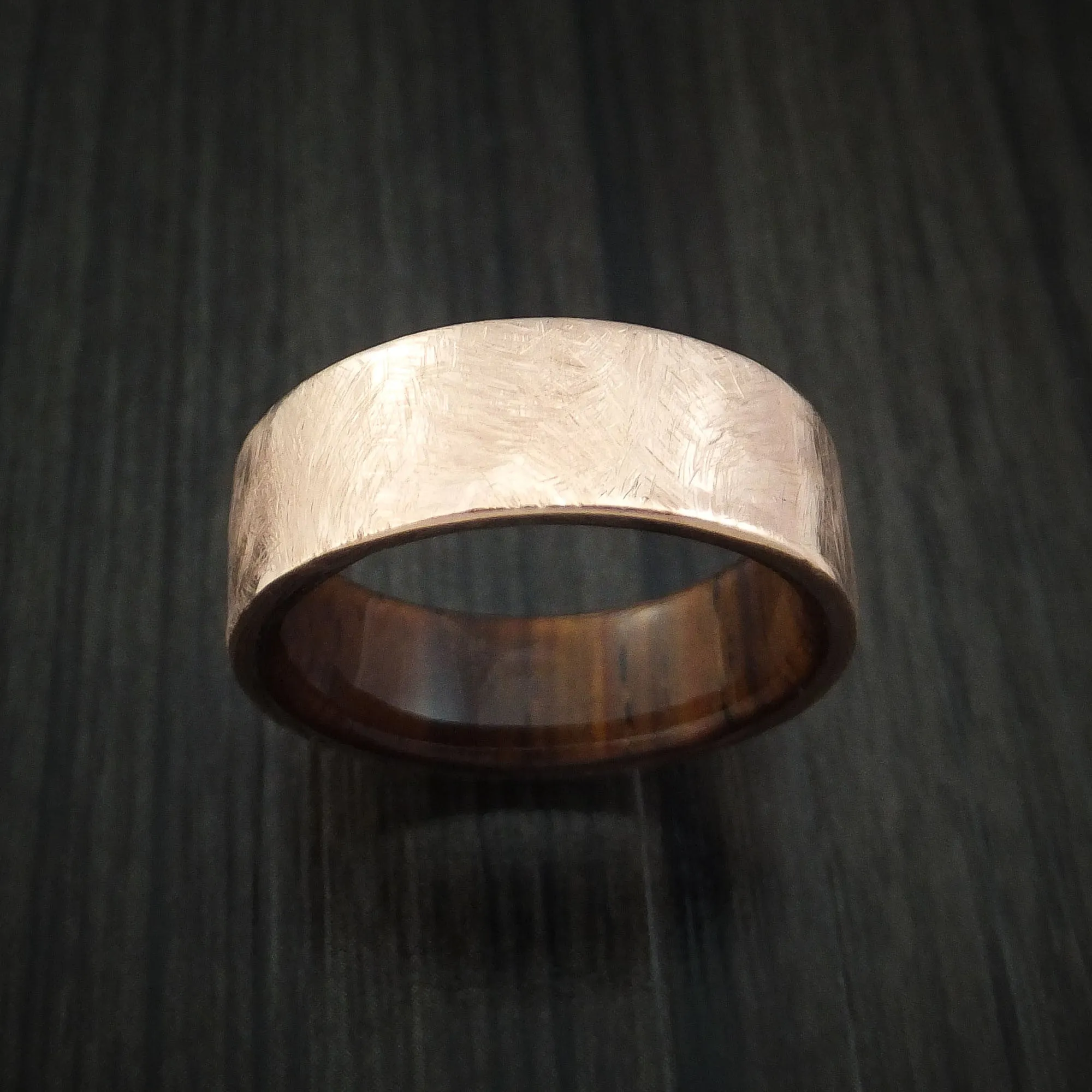 14K Rose Gold Men's Band with Distressed Finish and Koa Wood Sleeve Custom Made