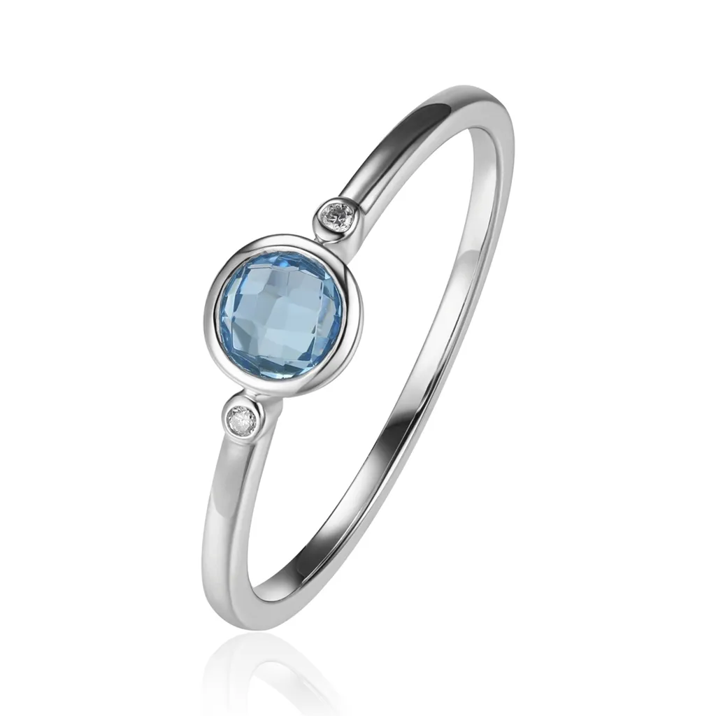 14K White Gold Blue Topaz And Diamond Stackable Ring