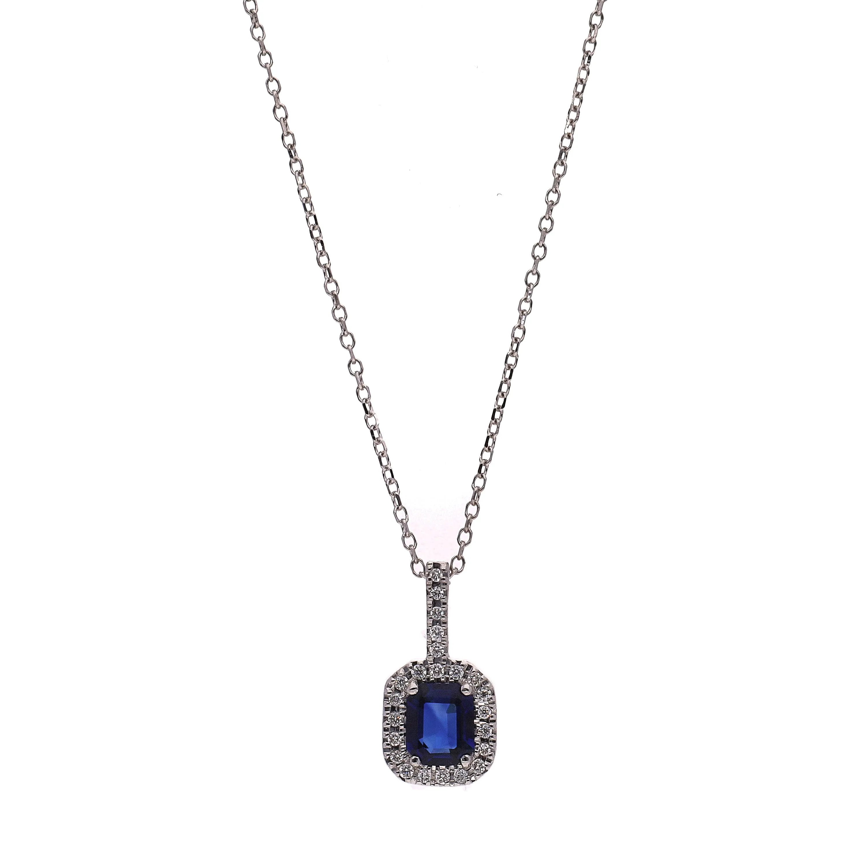 14K White Gold Emerald Cut Sapphire & Diamond Pendant Necklace