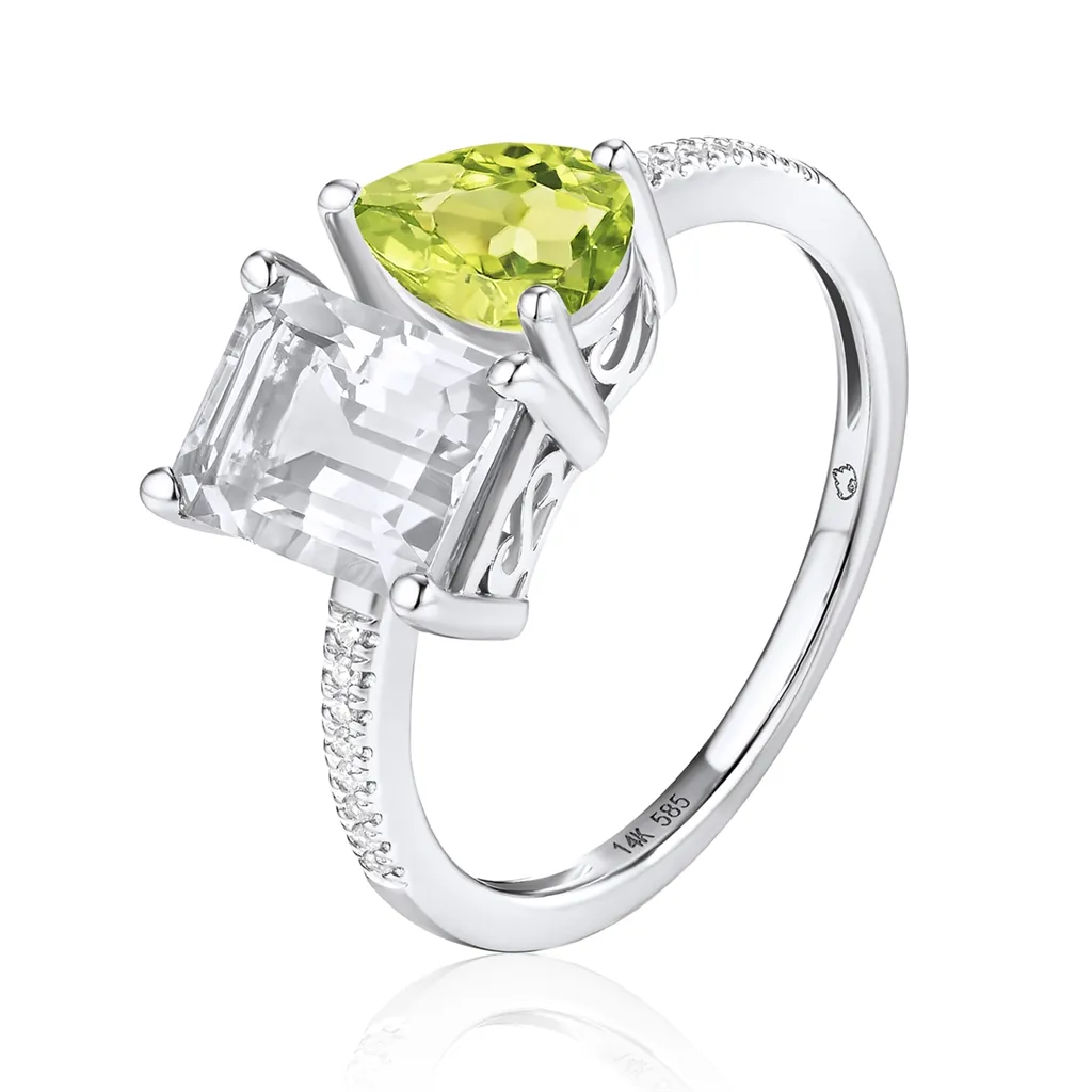 14K White Gold Peridot And White Topaz Toi Et Moi Ring