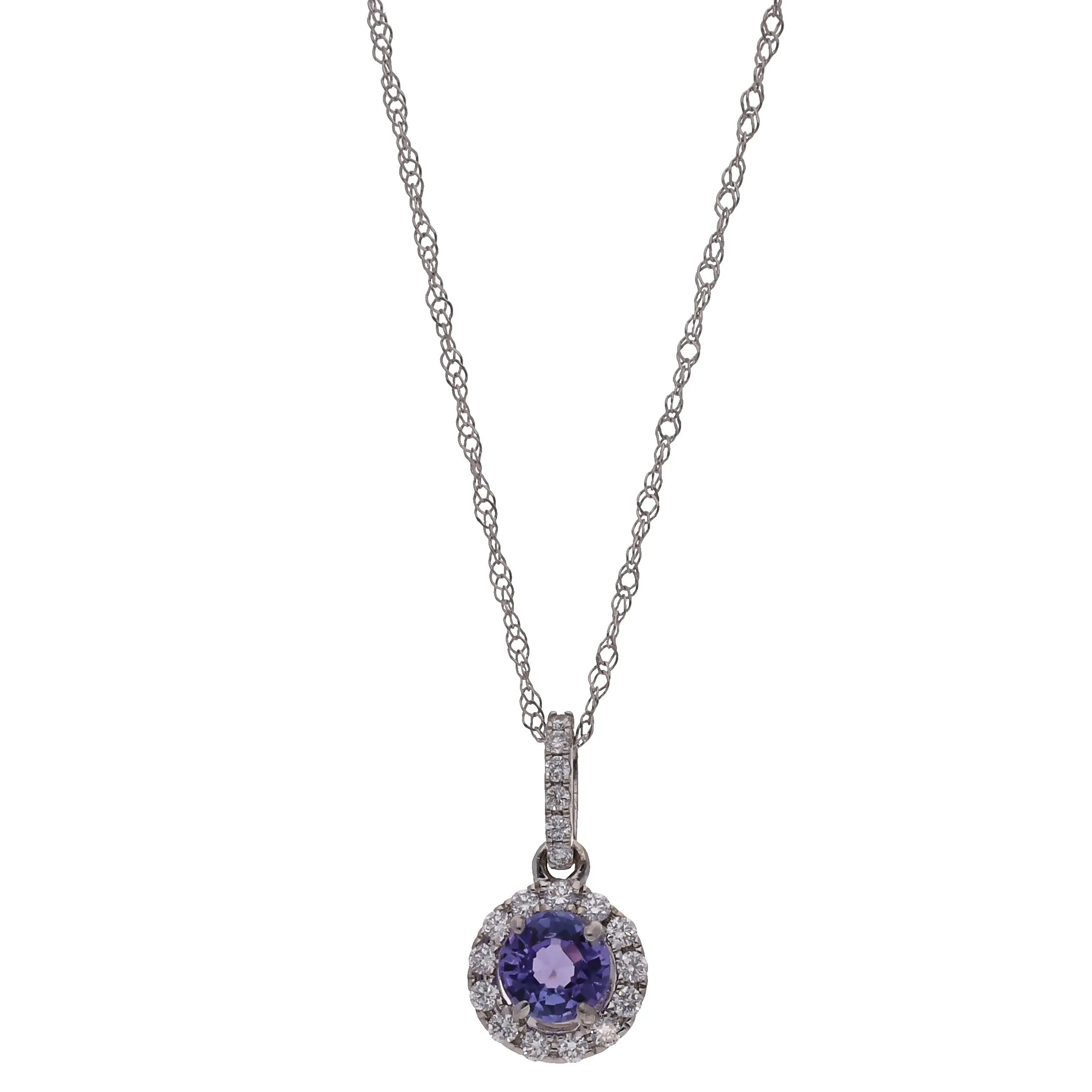 14K White Gold Round Tanzanite and Diamond 18" Necklace