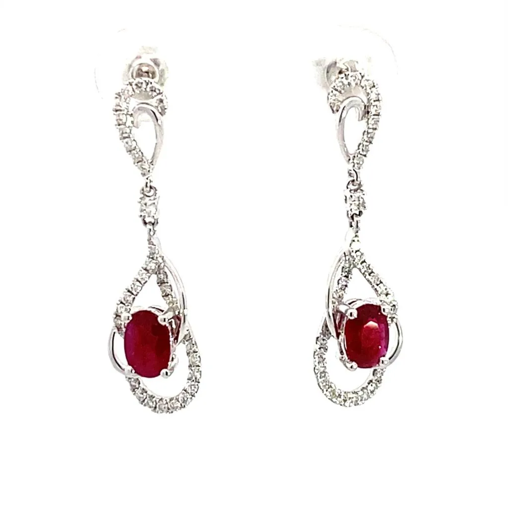 14K White Gold Ruby And Diamond Dangle Earrings