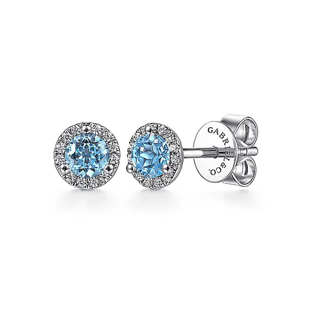 14K White Gold Swiss Blue Topaz And Diamond Halo Earrings