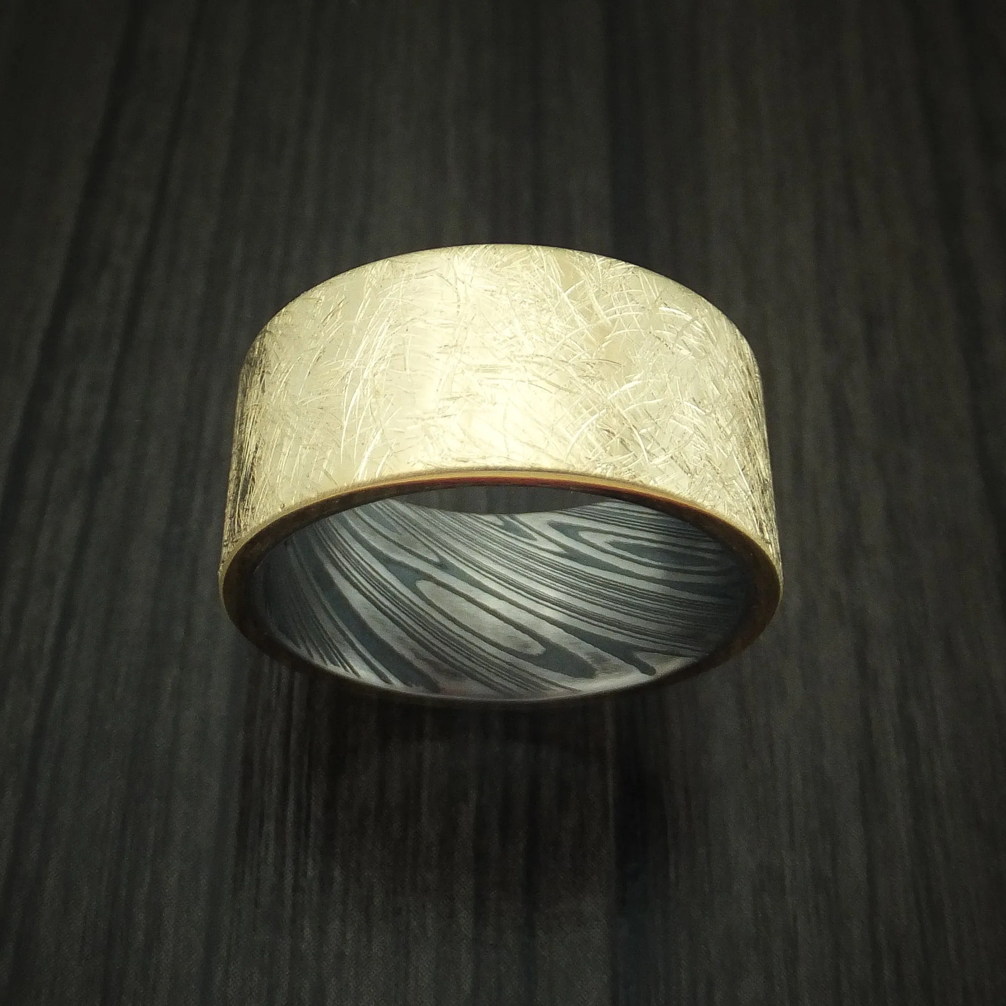 14K Yellow Gold Distressed Band with Kuro Damascus Steel Sleeve Custom Made Men's Ring