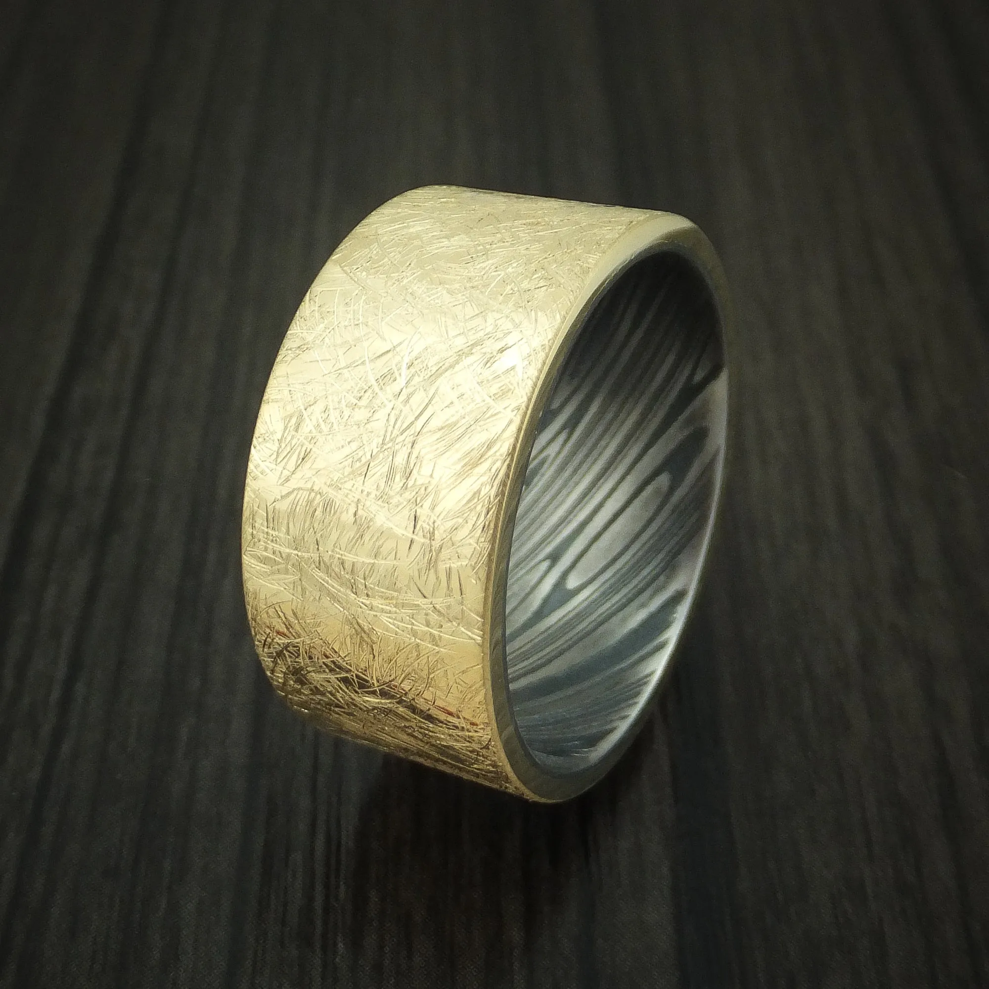 14K Yellow Gold Distressed Band with Kuro Damascus Steel Sleeve Custom Made Men's Ring