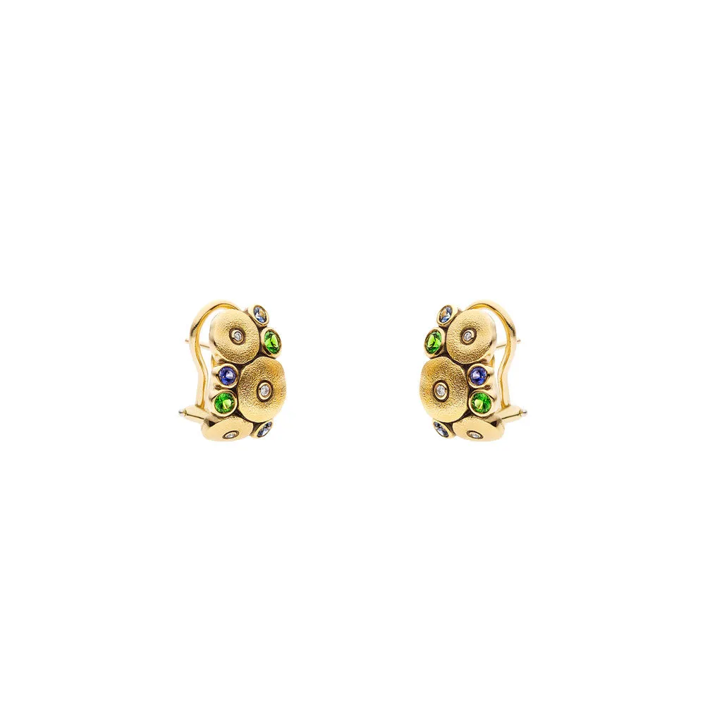 18 Karat Yellow Gold Orchard Huggie earrings with Tsavorites, Blue Sapphires and Diamonds