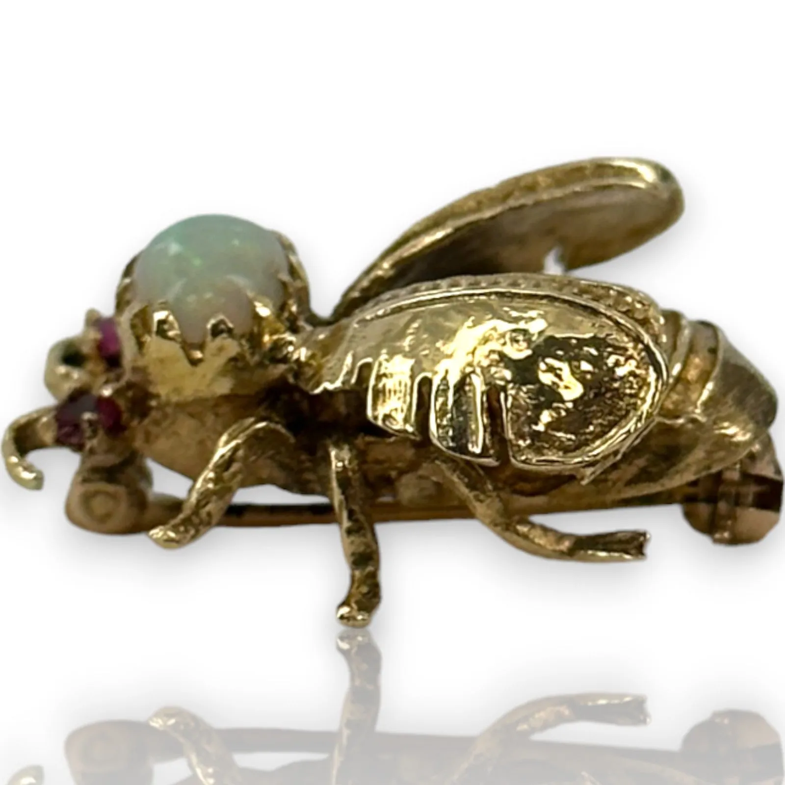 1910-30s Antique Bee Brooch Pin with Cabochon Opal and Ruby Eyes Solid 14k Yellow Gold