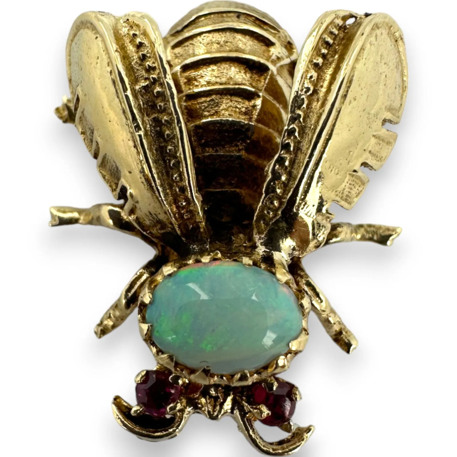 1910-30s Antique Bee Brooch Pin with Cabochon Opal and Ruby Eyes Solid 14k Yellow Gold