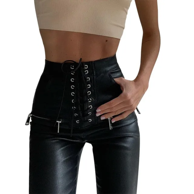 2021 Black Faux PU Leather Pencil Pants Sizes XS - L