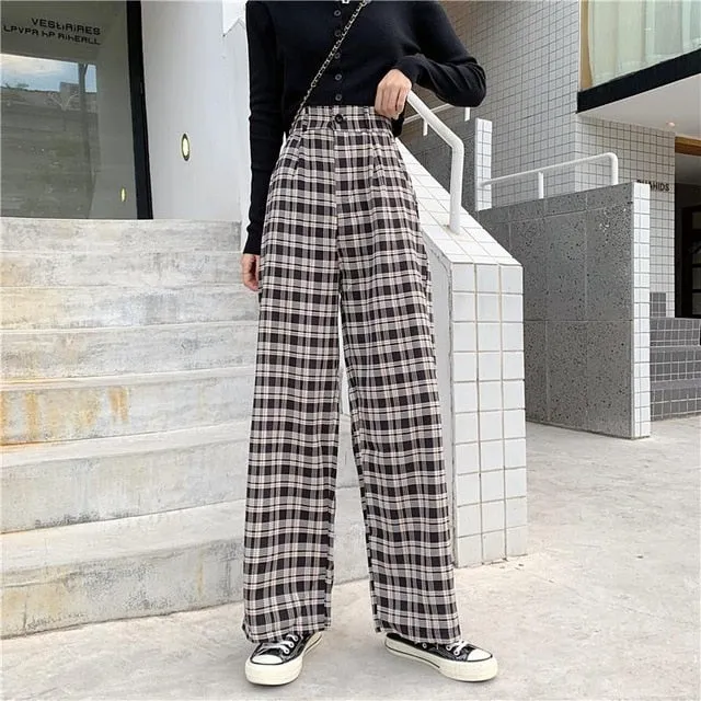 2021 New!!!  Women's Pants Street Fashion Plaid Straight Wide Leg Pant Sizes S - 4XL