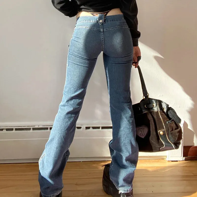 2024 Cute Low Rise Streetwear Jeans with 2000s Pockets Trim