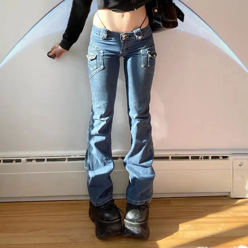 2024 Cute Low Rise Streetwear Jeans with 2000s Pockets Trim