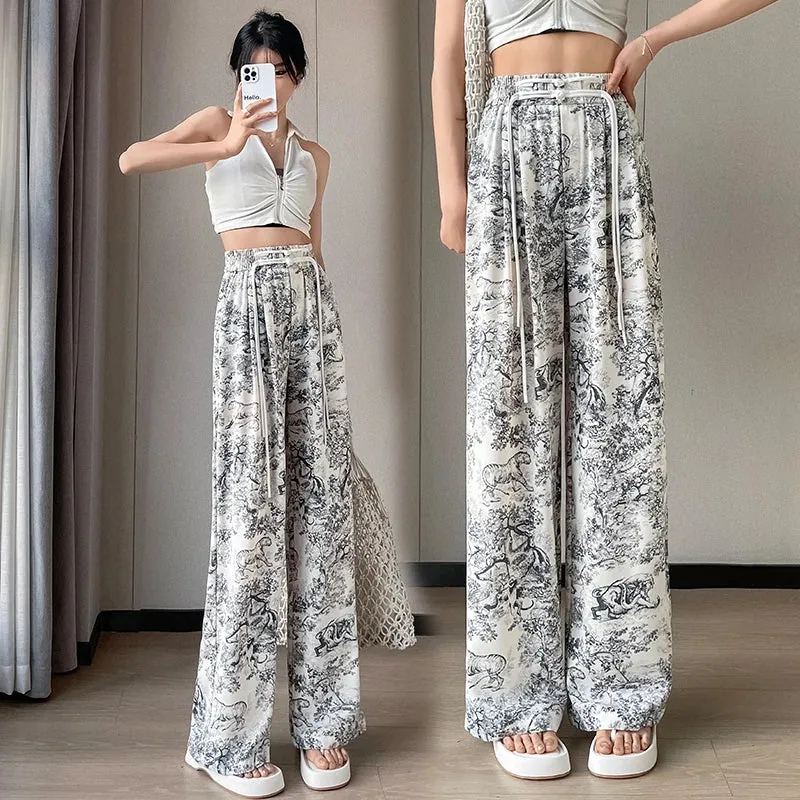 2024 High Waist Casual Summer Slacks Pants Women Ice Silk Ankle-Length Long Pants