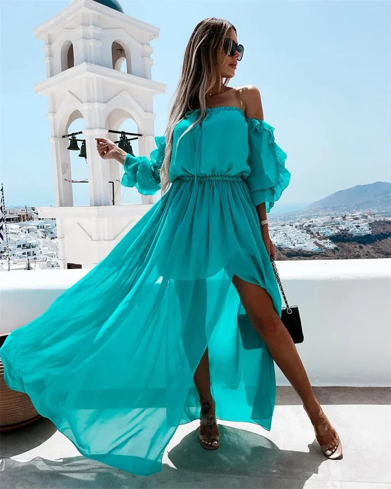 2024 Off Shoulder Chiffon Dress with Solid Color Ruffle Beachwear Boho Dress