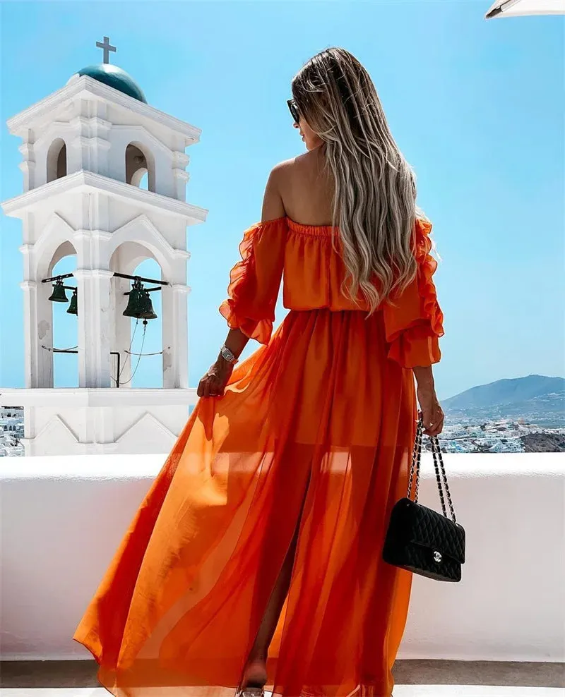 2024 Off Shoulder Chiffon Dress with Solid Color Ruffle Beachwear Boho Dress