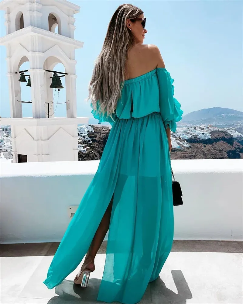 2024 Off Shoulder Chiffon Dress with Solid Color Ruffle Beachwear Boho Dress