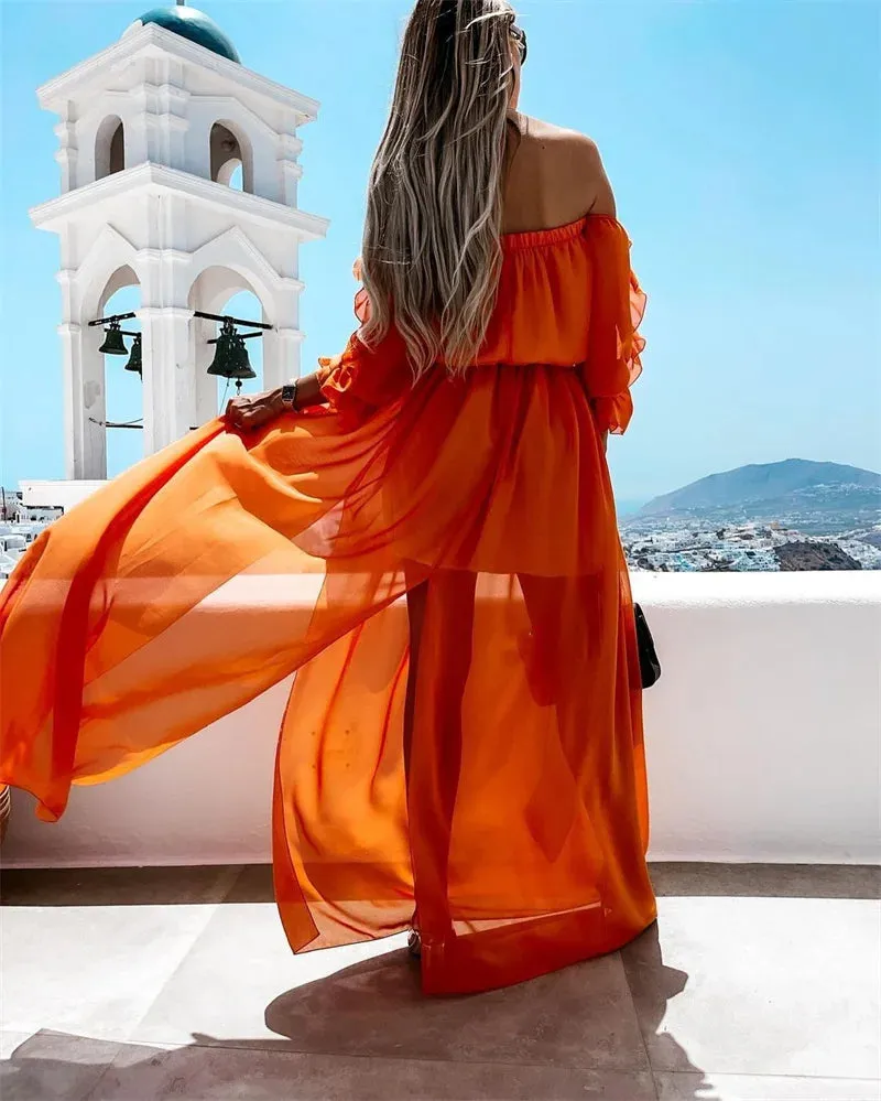 2024 Off Shoulder Chiffon Dress with Solid Color Ruffle Beachwear Boho Dress