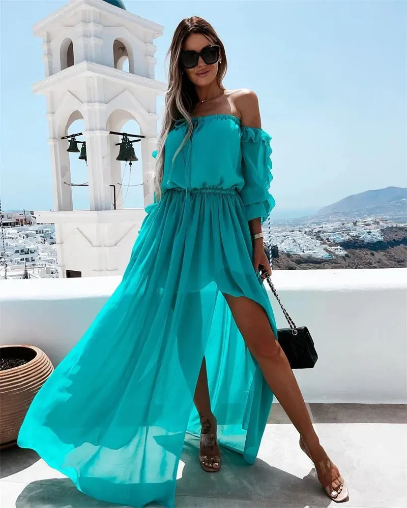 2024 Off Shoulder Chiffon Dress with Solid Color Ruffle Beachwear Boho Dress