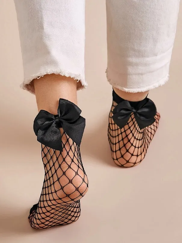 2pairs Bow Tie Decor Fishnet Socks