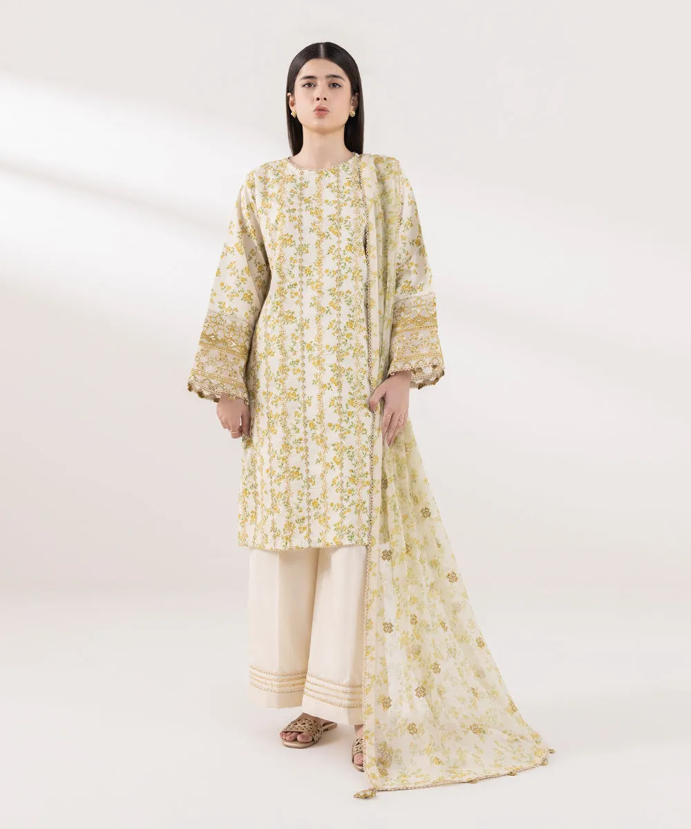 3 Piece - Embroidered Cotton Satin Suit