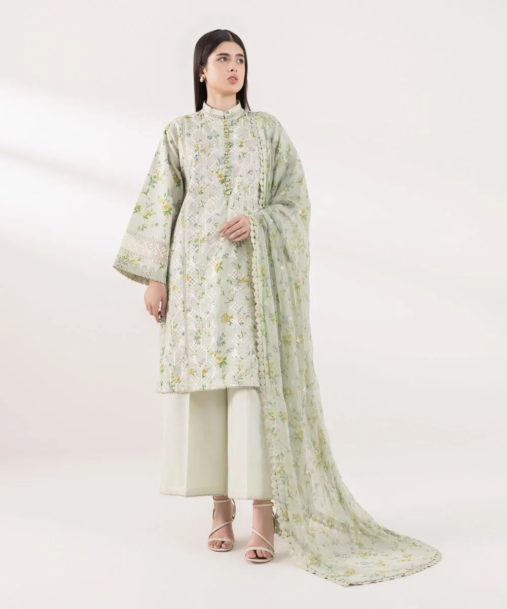 3 Piece - Embroidered Cotton Satin Suit