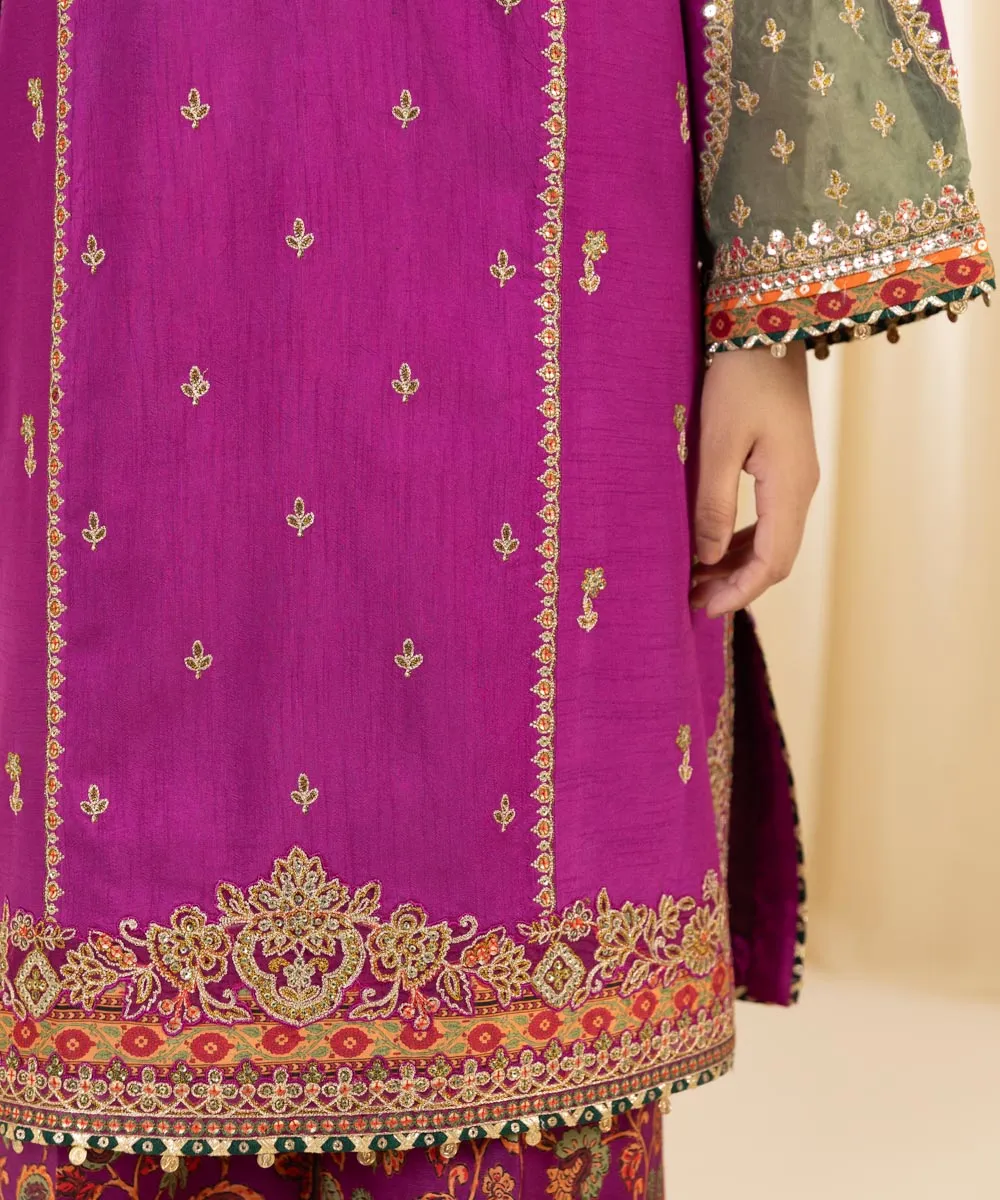 3 Piece -  Embroidered Raw Silk Suit