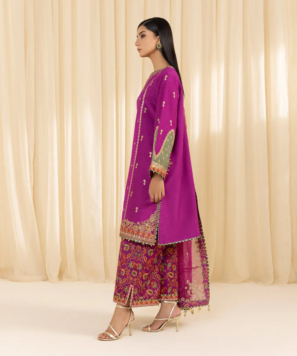 3 Piece -  Embroidered Raw Silk Suit