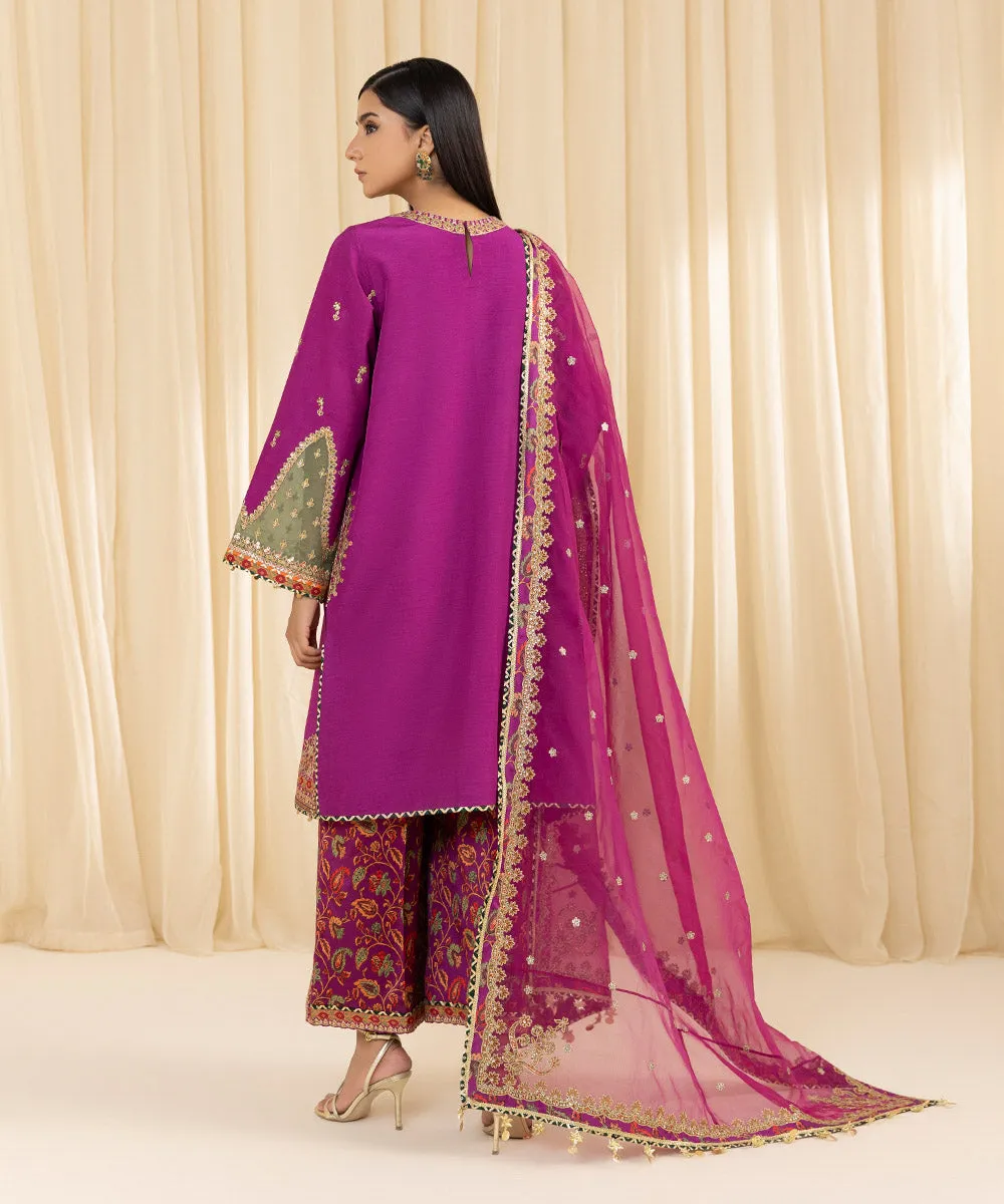 3 Piece -  Embroidered Raw Silk Suit