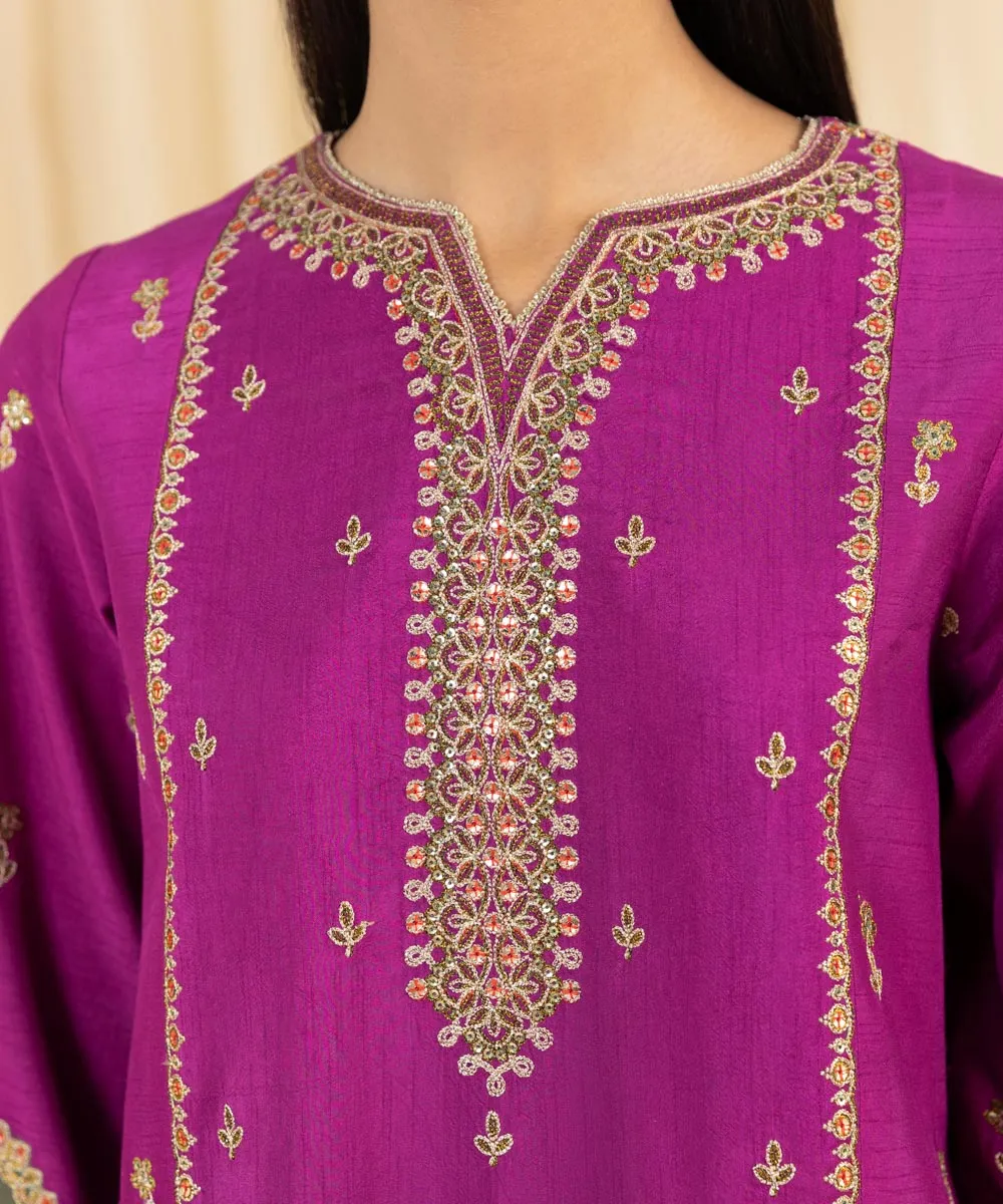 3 Piece -  Embroidered Raw Silk Suit