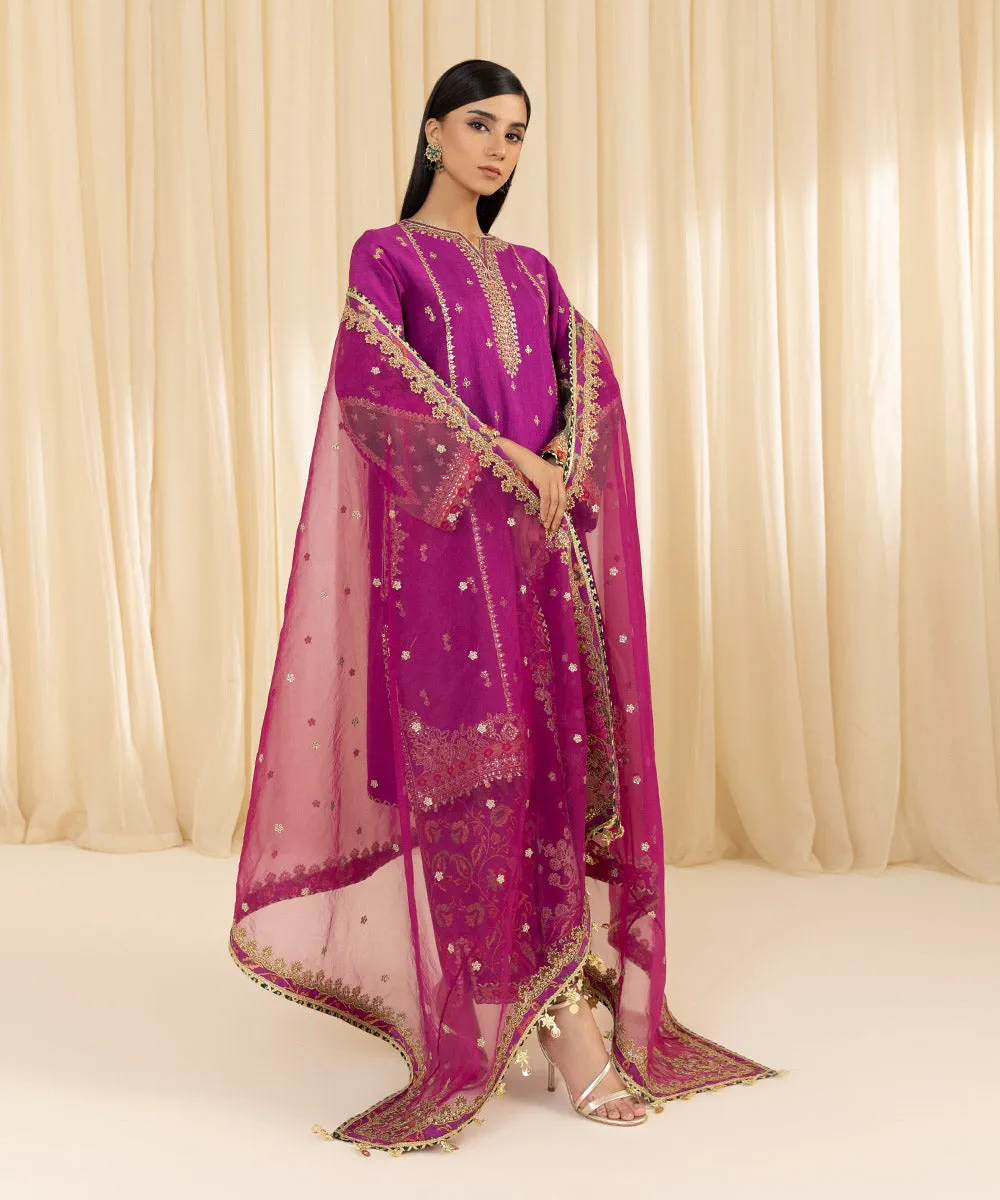 3 Piece -  Embroidered Raw Silk Suit