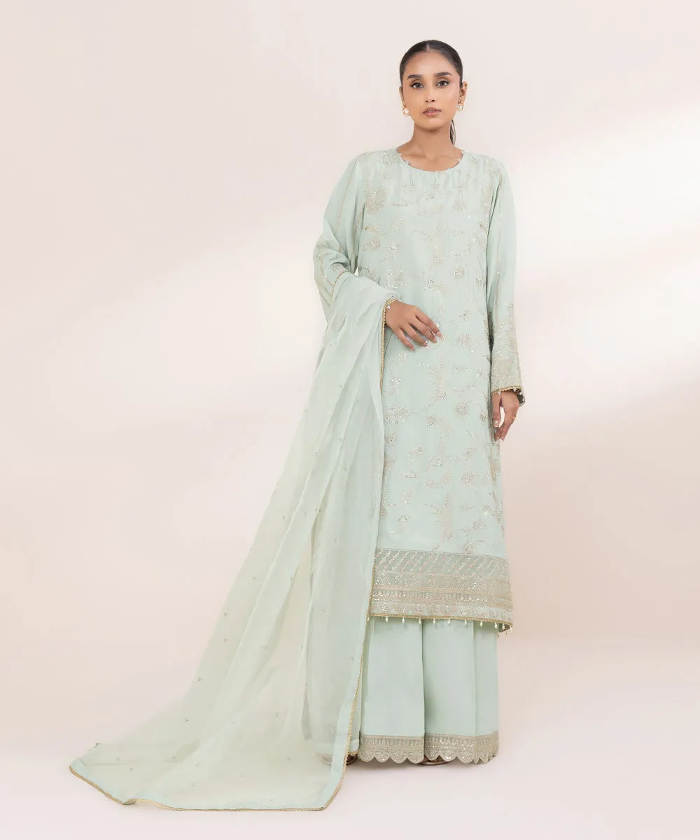 3 Piece - Embroidered Raw Silk Suit