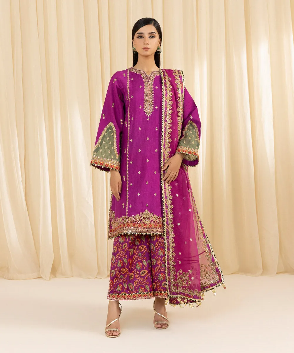 3 Piece -  Embroidered Raw Silk Suit