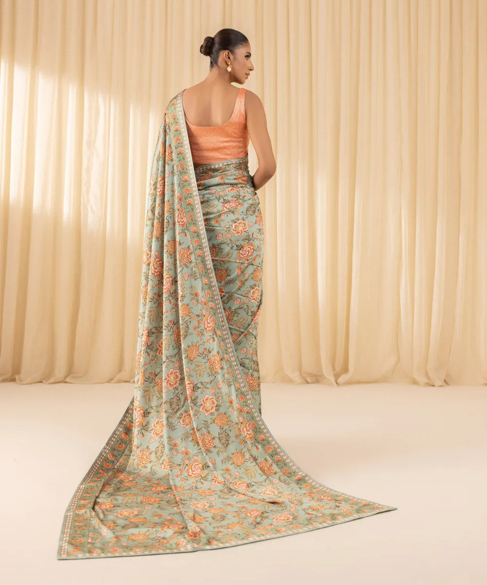 3 Piece -  Printed Satin Saree