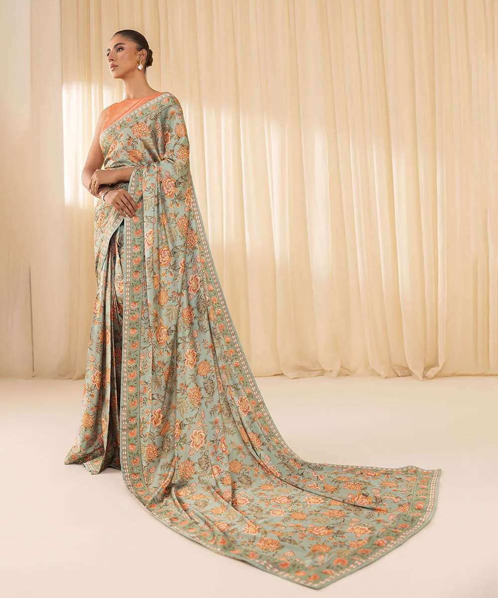 3 Piece -  Printed Satin Saree