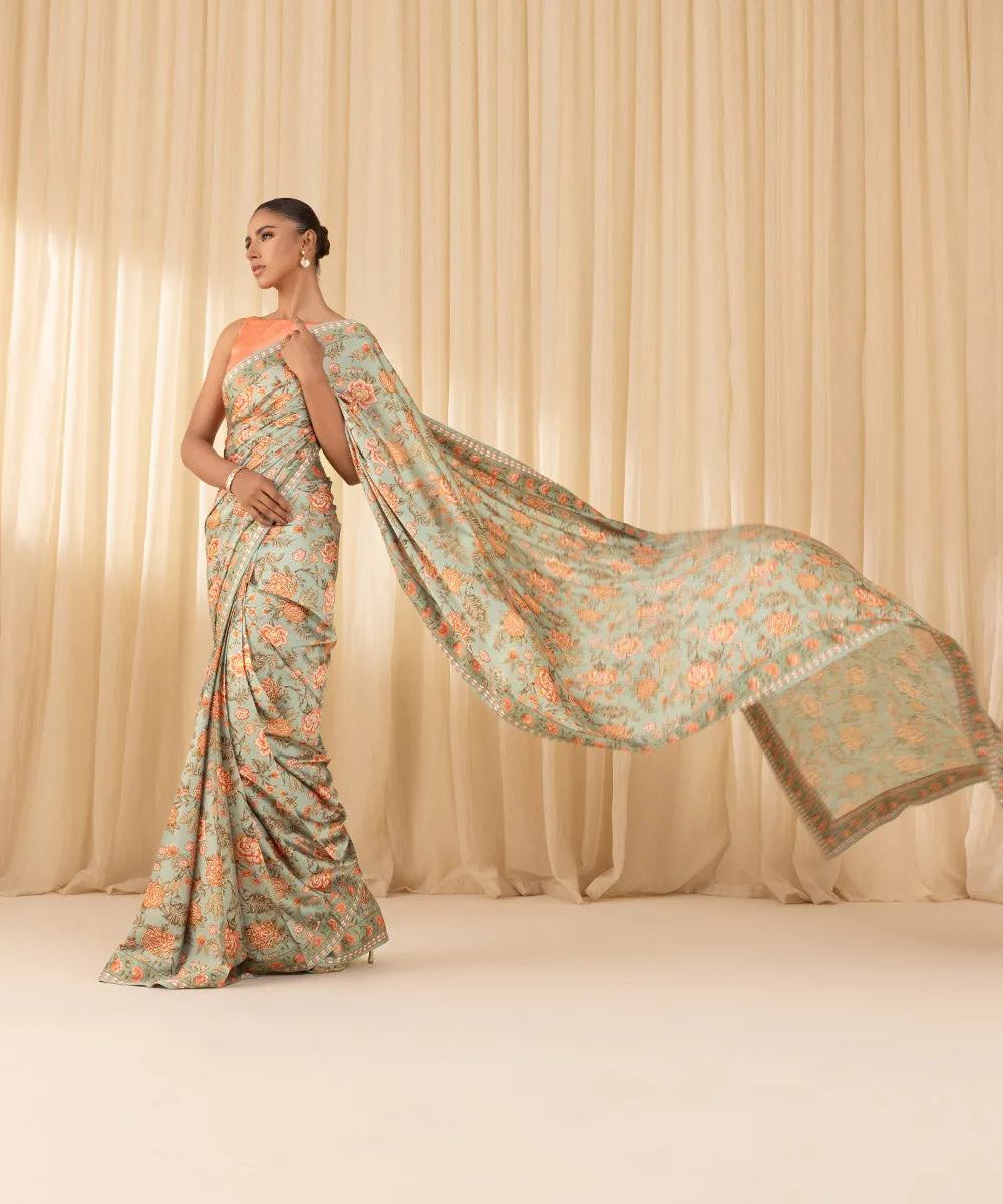 3 Piece -  Printed Satin Saree