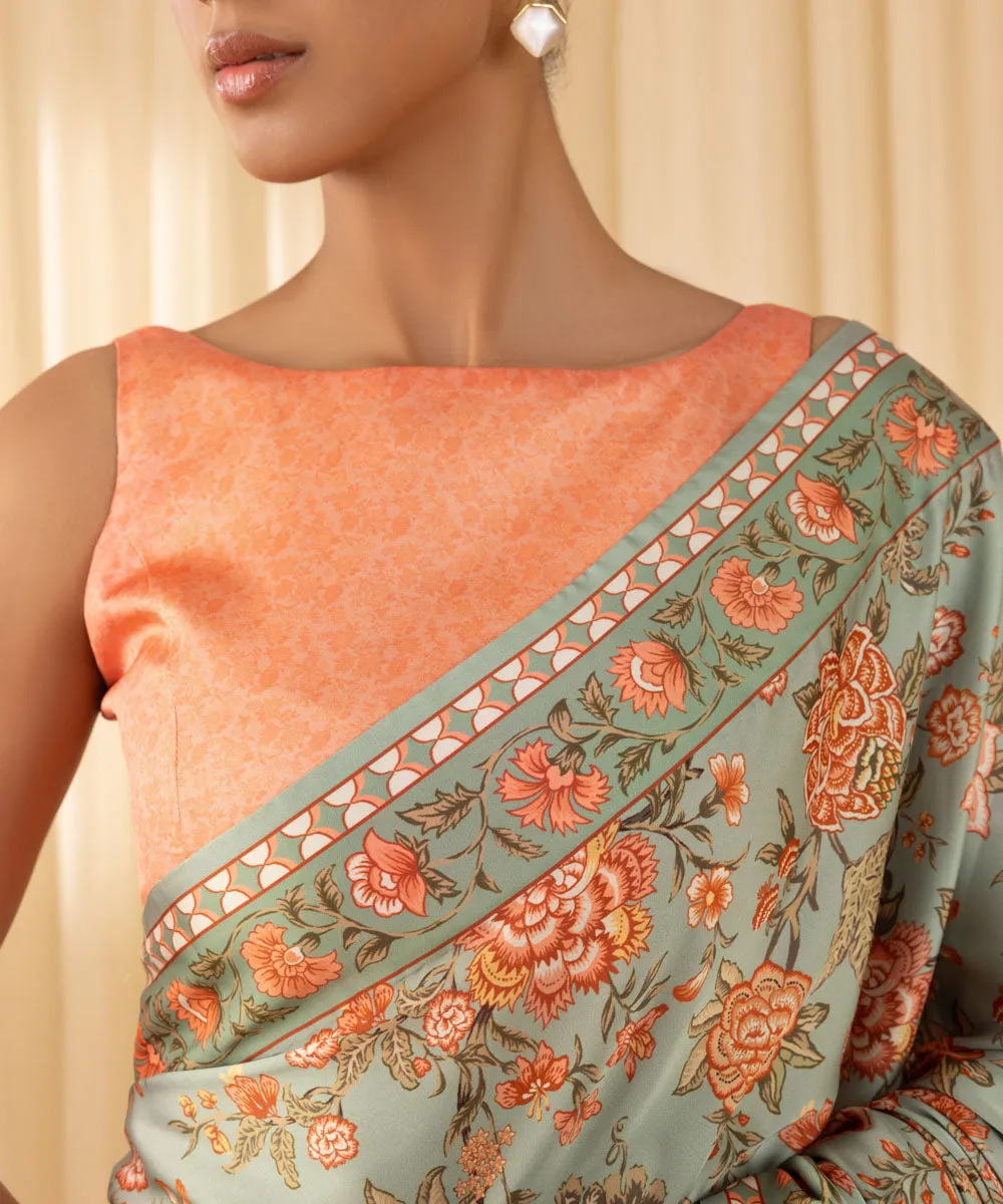 3 Piece -  Printed Satin Saree