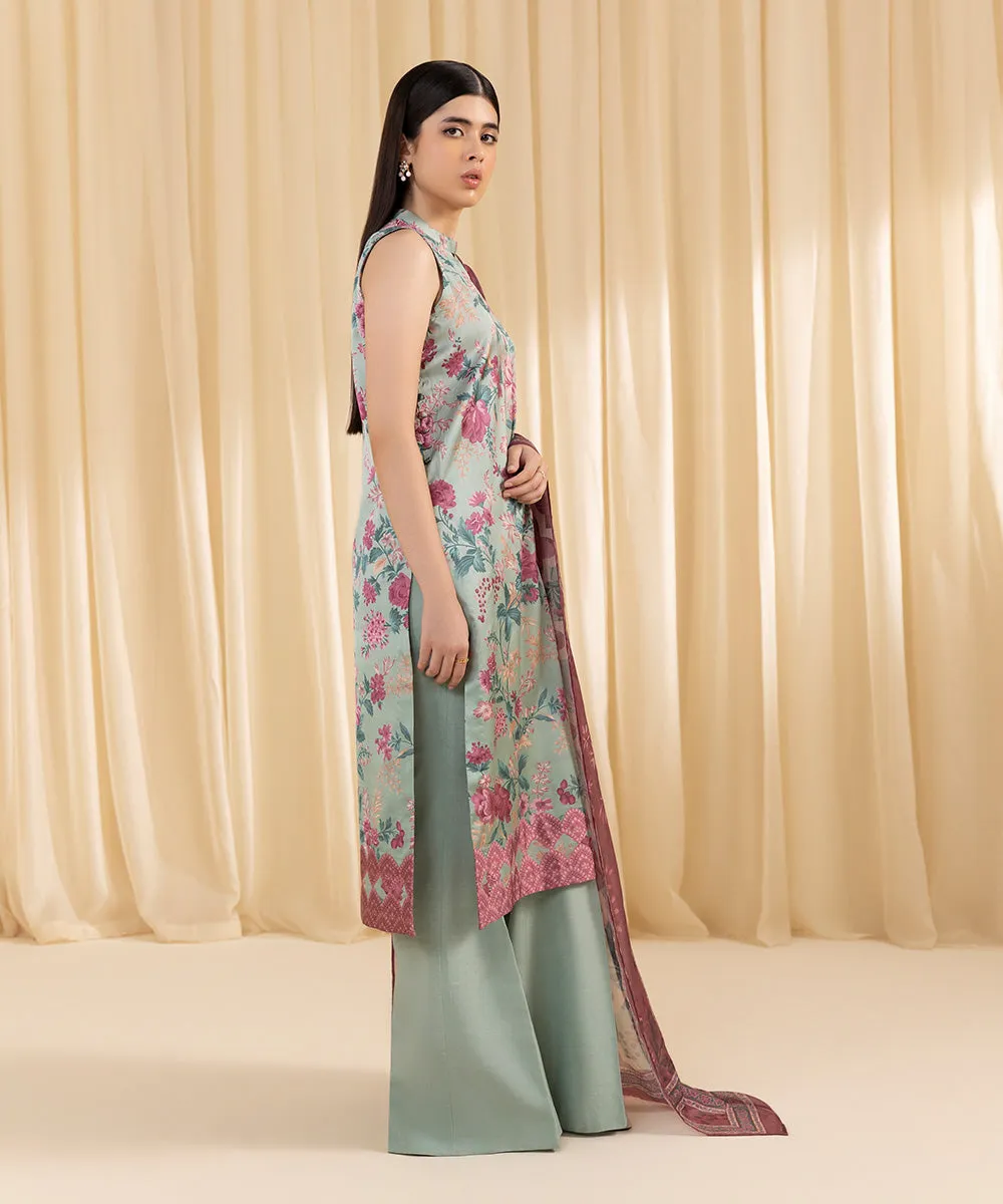 3 Piece -  Printed Satin Suit