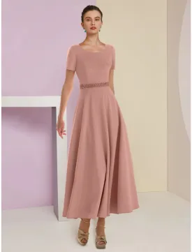 A-Line Mother of the Bride Dress Wedding Guest Elegant Scoop Neck Ankle Length Satin 3/4 Length Sleeve with Feather Bow(s) Beading