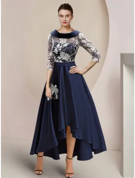 A-Line Mother of the Bride Dress Wedding Guest Elegant Scoop Neck Asymmetrical Ankle Length Satin Lace Half Sleeve with Ruching