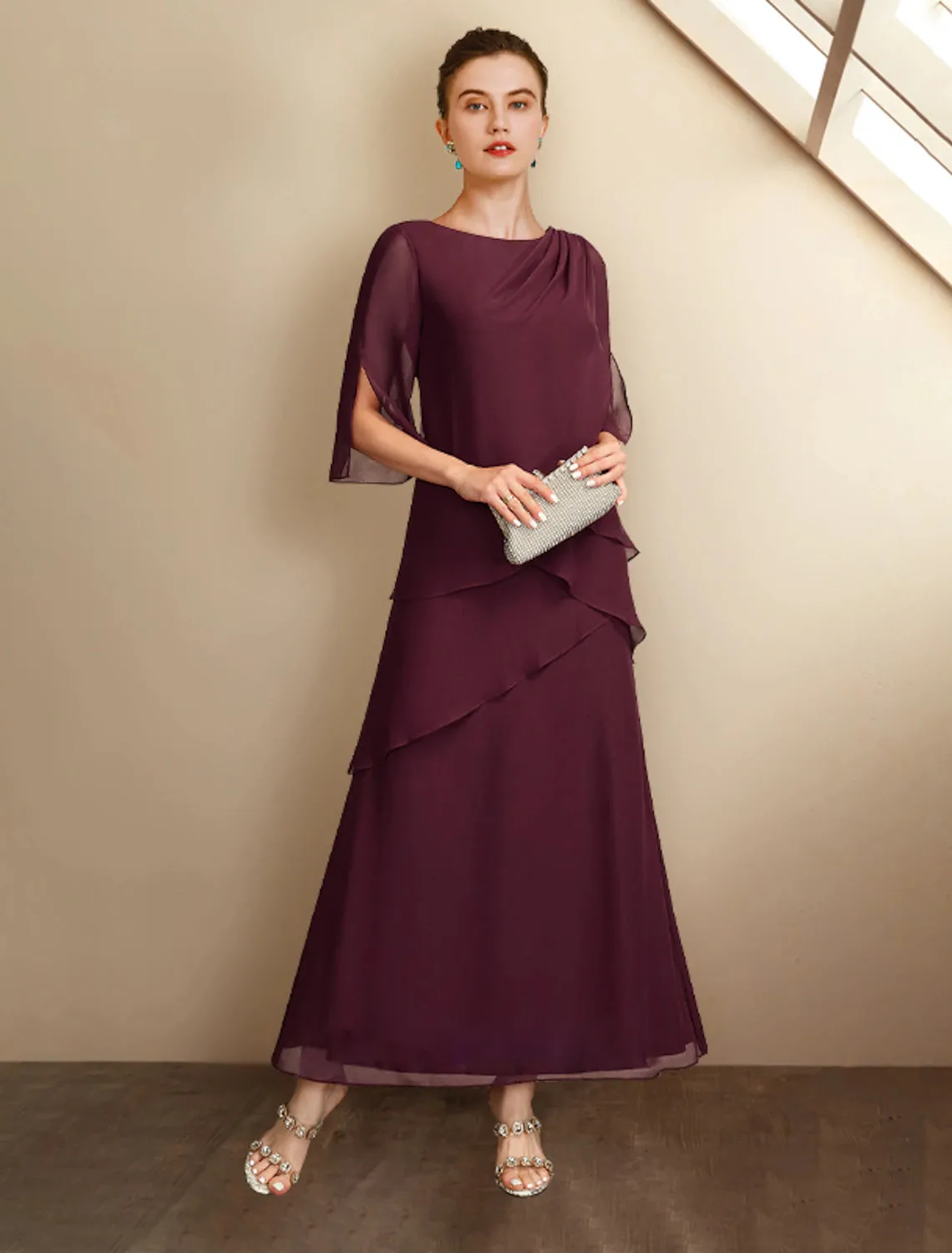 A-Line Mother of the Bride Dress Wedding Guest Plus Size Elegant Jewel Neck Ankle Length Chiffon Half Sleeve with Ruffles Side-Draped Fall