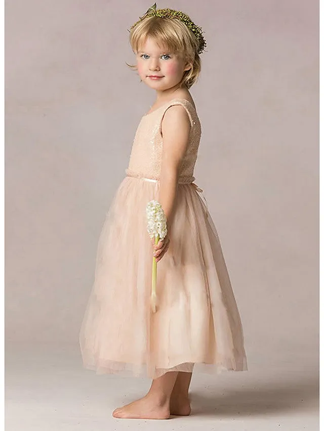 A-Line Sequined Sleeveless Jewel Neck Wedding Party Flower Girl Dresses