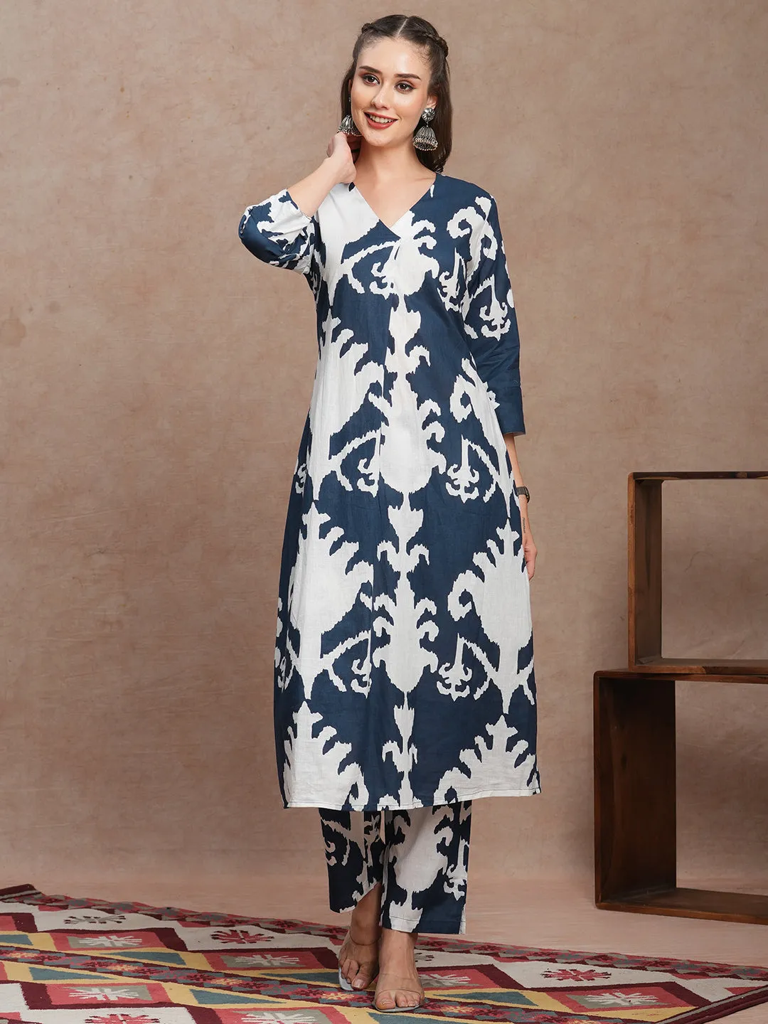 Abstract Ethnic Ikat Printed A-Line Co-ord Set - Blue