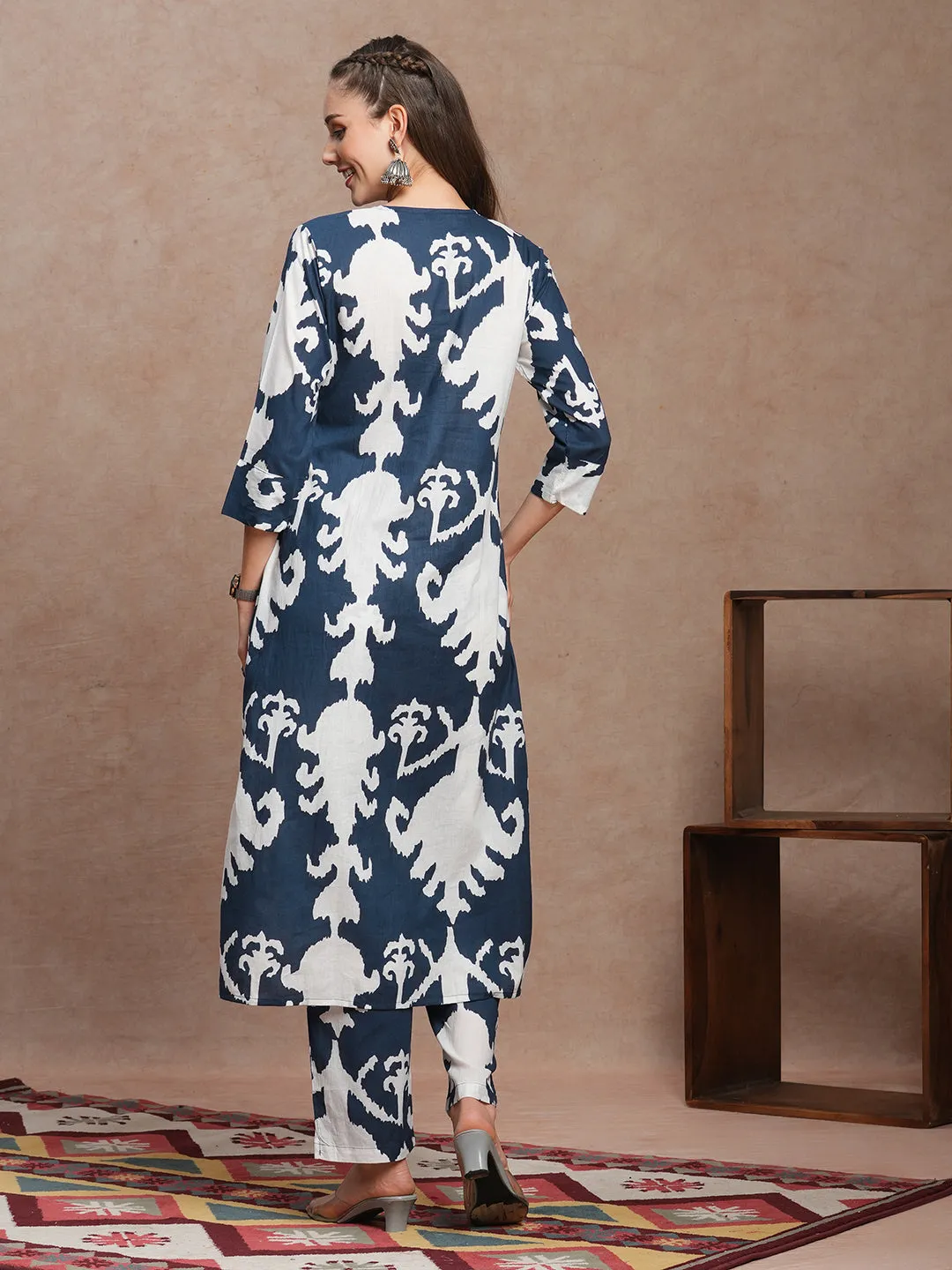 Abstract Ethnic Ikat Printed A-Line Co-ord Set - Blue