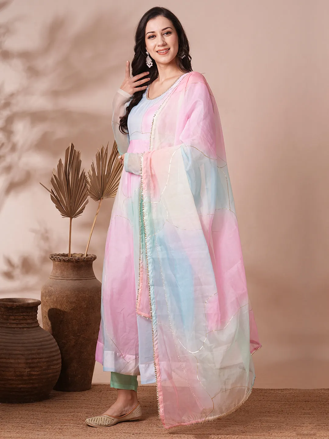 Abstract Foil Printed A-Line Flared Kurta with Pant & Dupatta - Multi