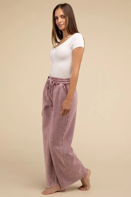 Acid Wash Fleece Palazzo Sweatpants with Pockets