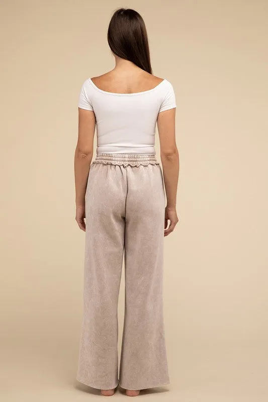 Acid Wash Fleece Palazzo Sweatpants with Pockets