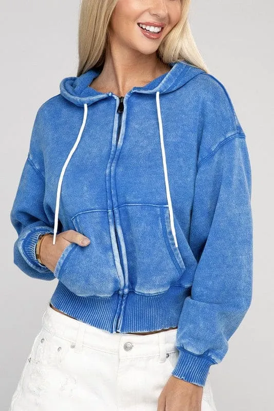 Acid Wash Fleece Zip-Up Hoodie