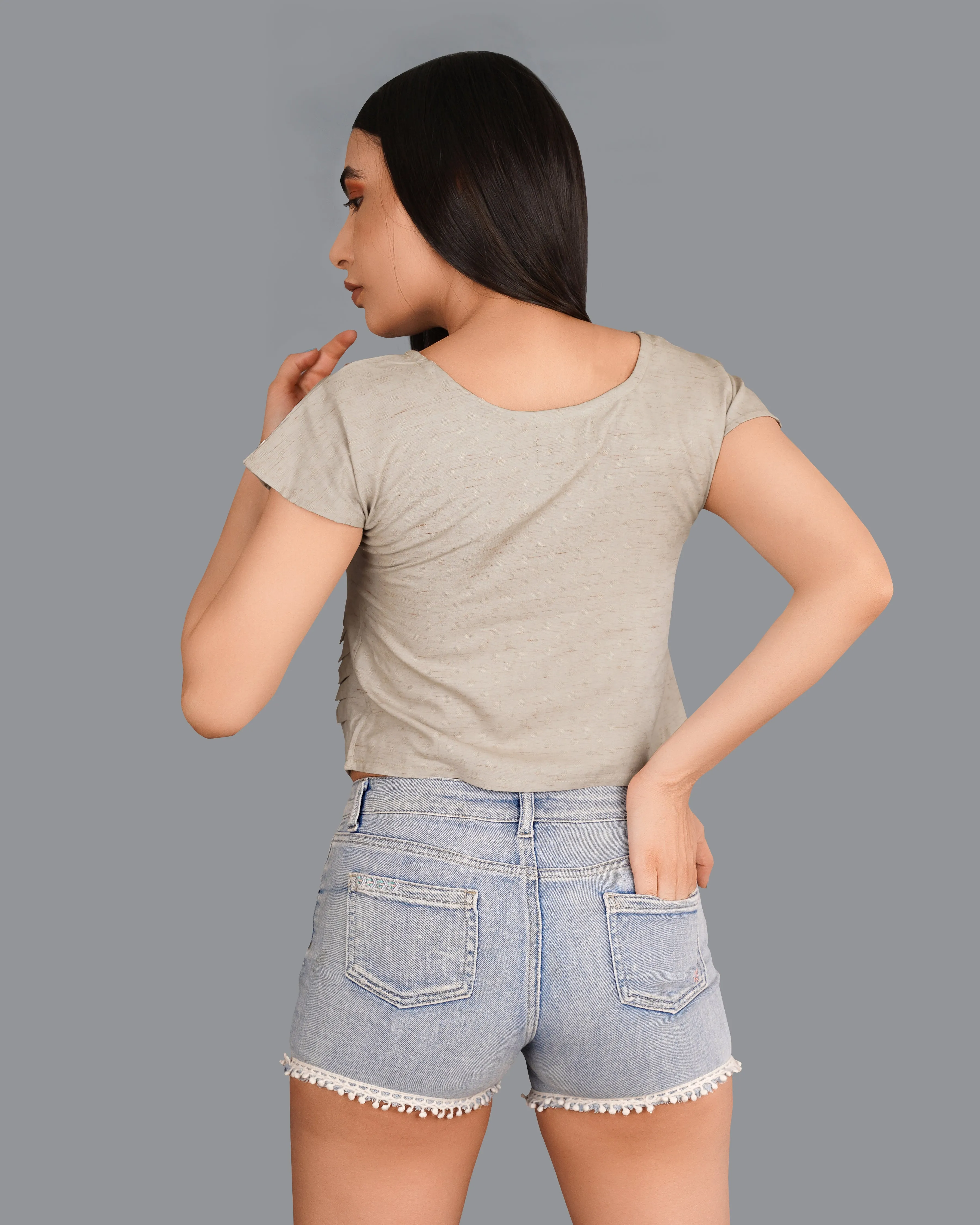 Amber Brown Crop With Pleated Premium Cotton Top