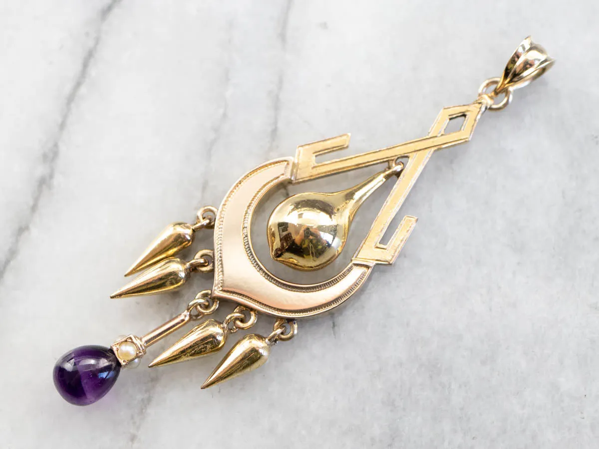 Amethyst and Seed Pearl Gold Tassel Pendant